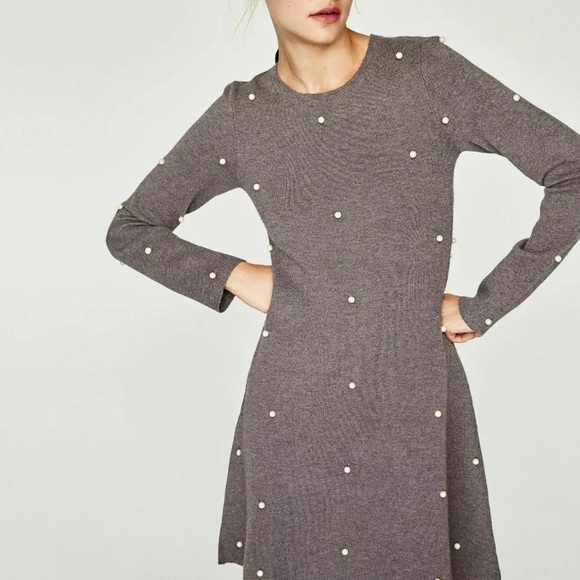ZARA KNIT COLLECTION SKATER DRESS PEARL BEADS BRAND NEW WITH TAGS SMALL GRAY - Picture 6 of 7